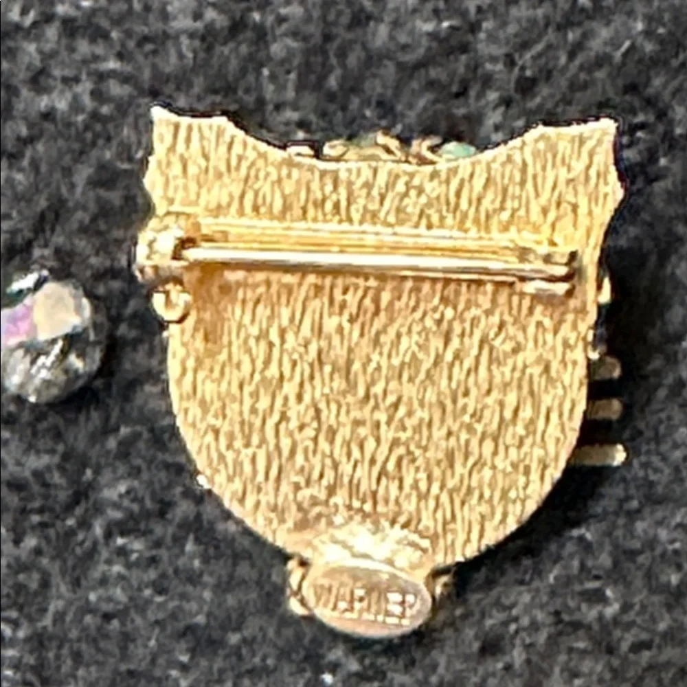 Joseph Warner Cat Head AB Rhinestones vintage brooch w/gold whiskers & ears 7/8”